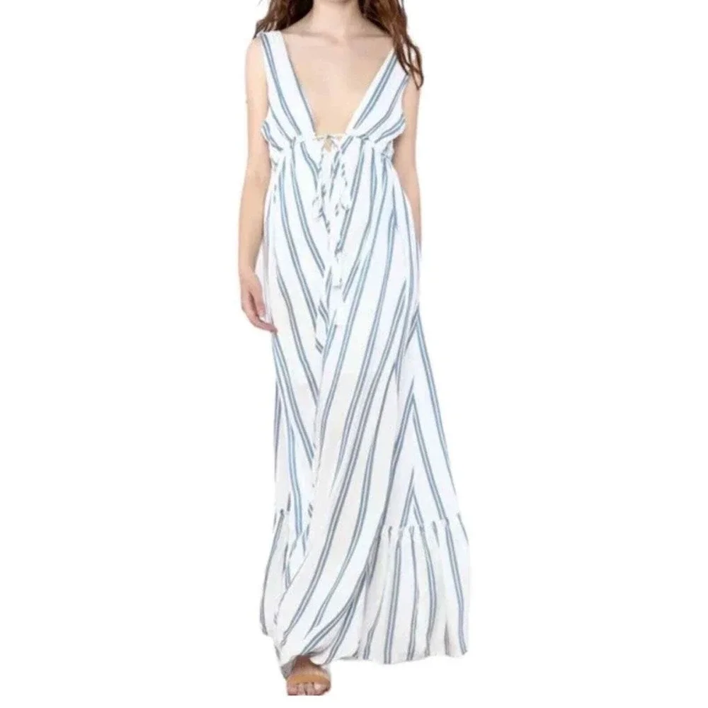 Hommage White Blue Print Maxi Dress V Neck Tie Waist‎ Sleeveless  Resortwear